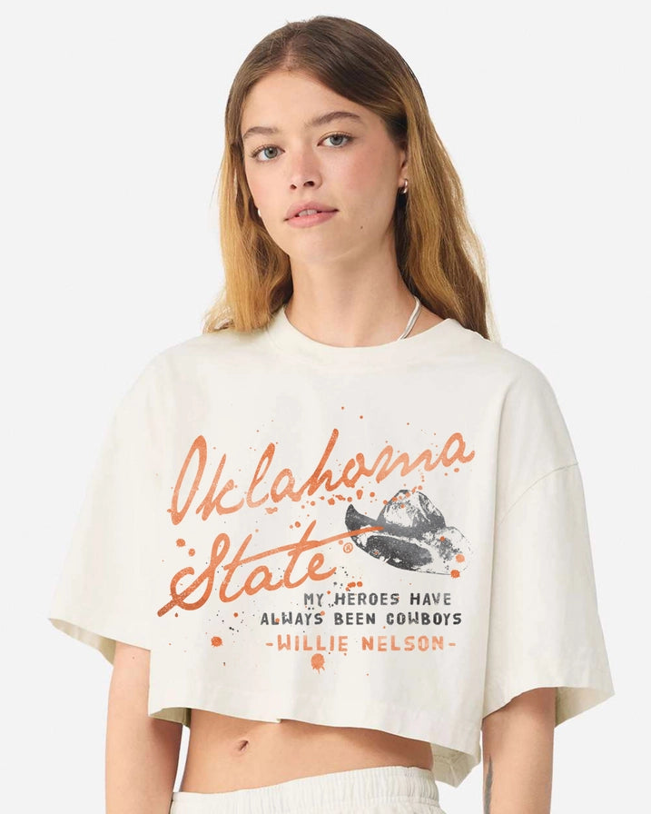 Willie Nelson OSU Cowboy Heroes Off White Cropped Graphic Tee