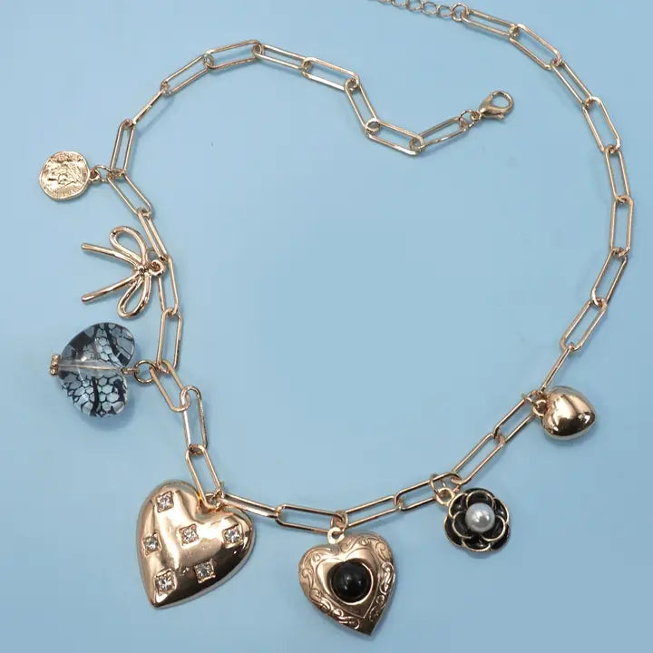 Charm Necklace-Lace Heart Flower Locket Charms