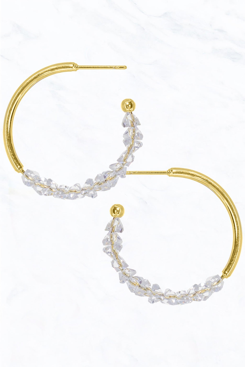 Clear Glass Bead Gold Dipped Brass Hoop Earrings
