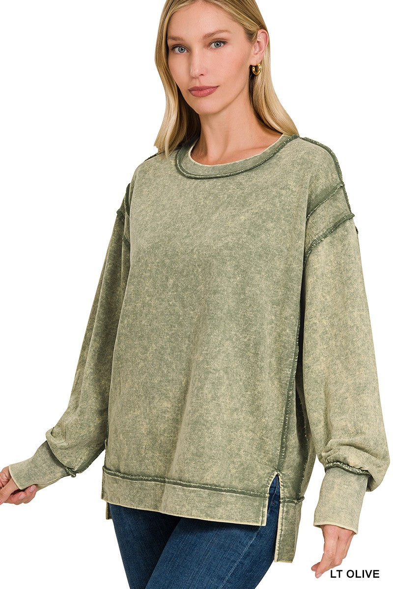 Zenana Acid Wash French Terry Exposed Seam Sweatshirt