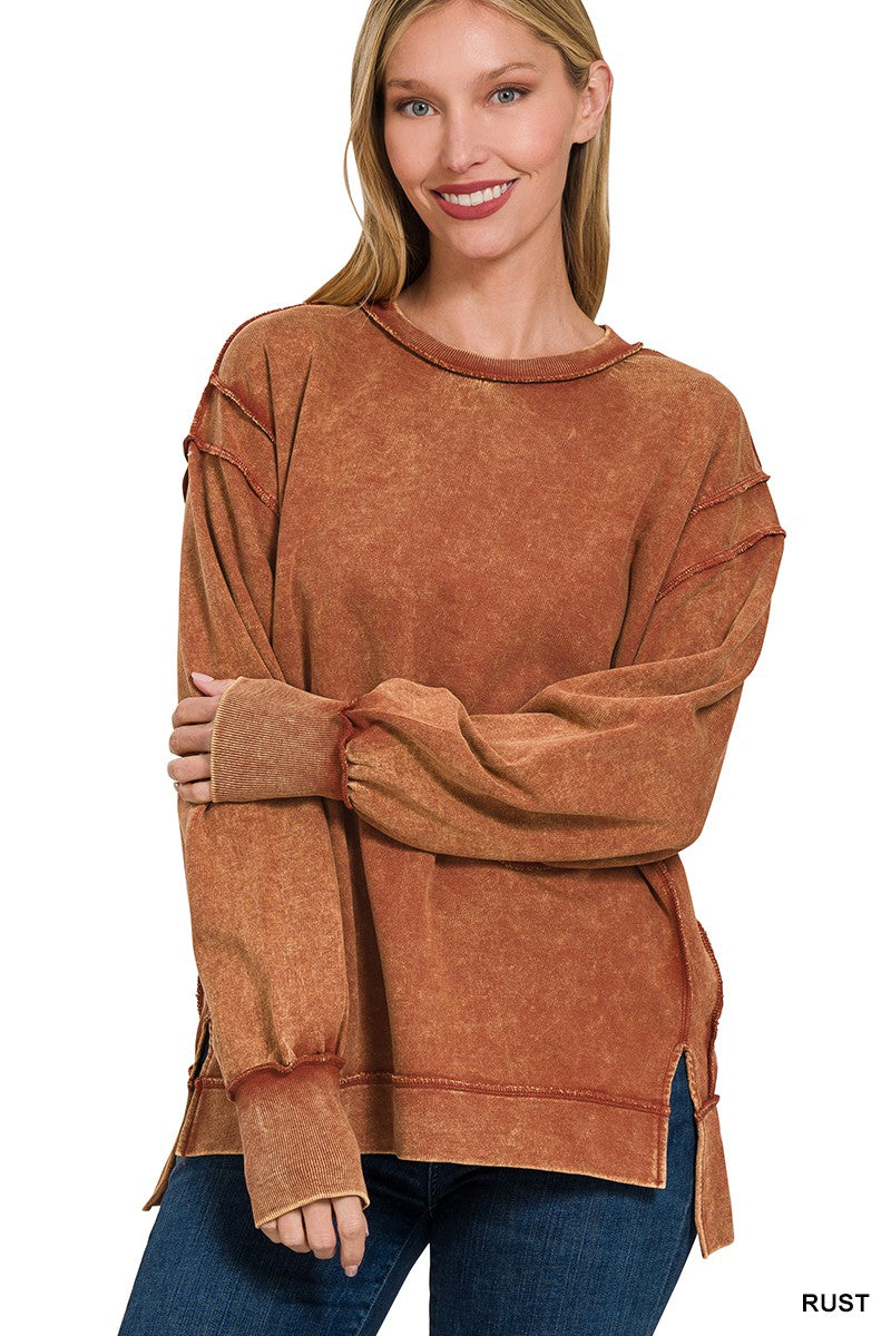 Zenana Acid Wash French Terry Exposed Seam Sweatshirt