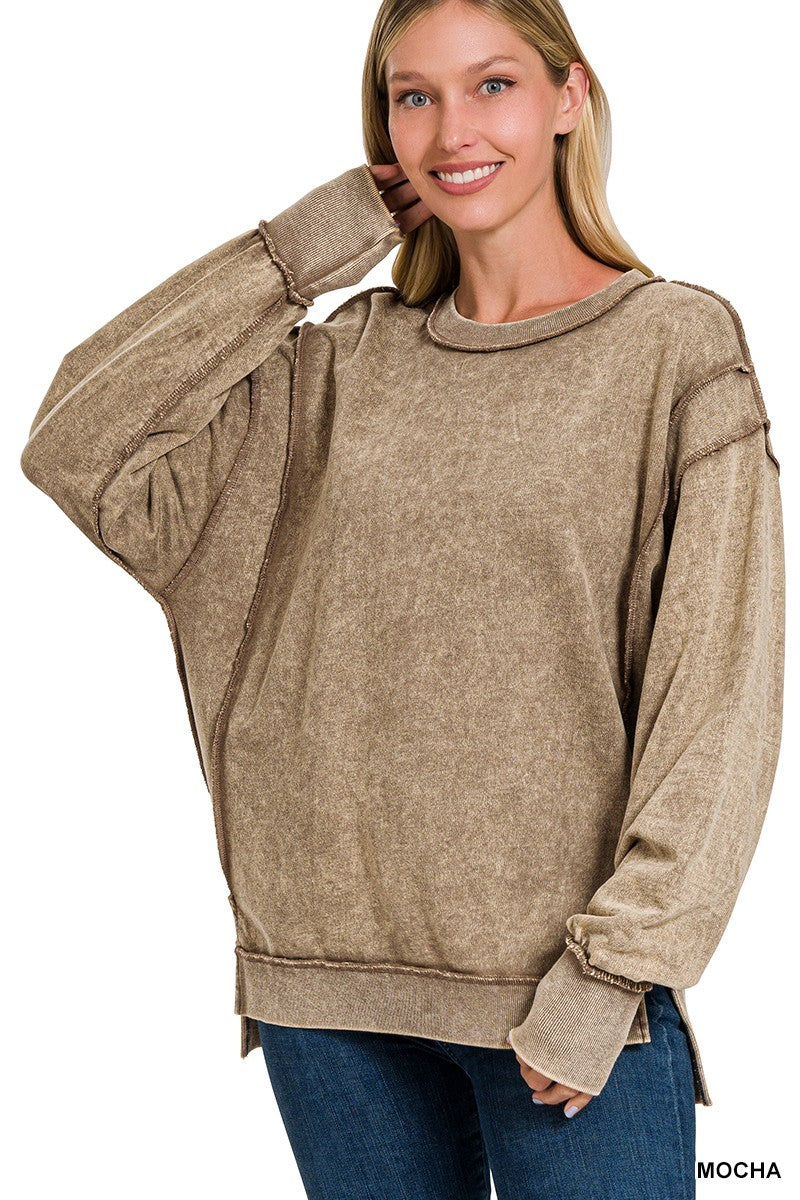 Zenana Acid Wash French Terry Exposed Seam Sweatshirt