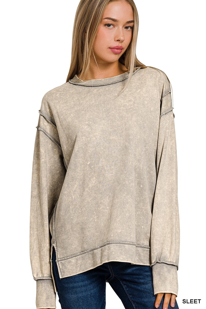 Zenana Acid Wash French Terry Exposed Seam Sweatshirt