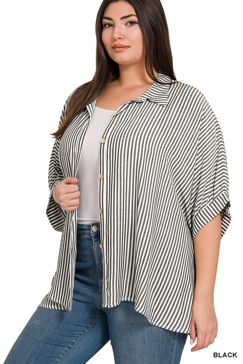 Zenana Plus Striped Button Top
