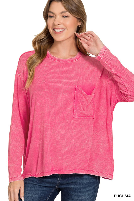 Zenana Washed Ribbed Dolman Long Sleeve Top