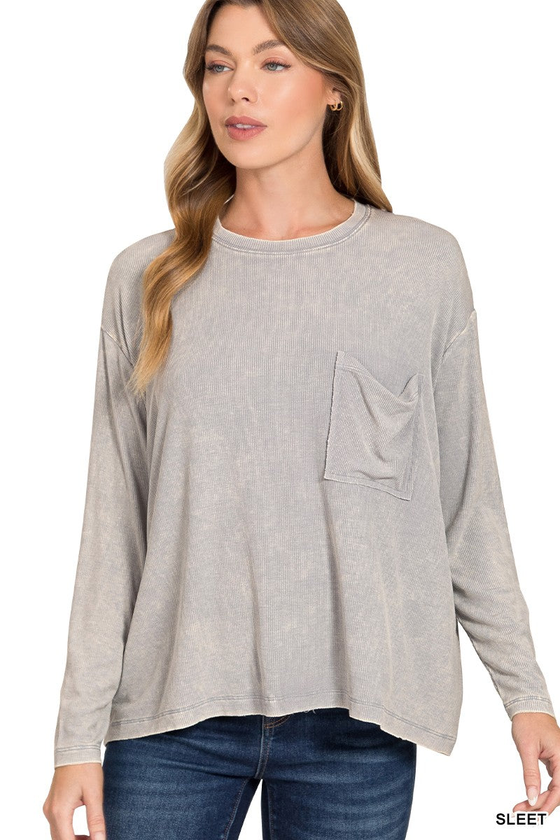 Zenana Washed Ribbed Dolman Long Sleeve Top