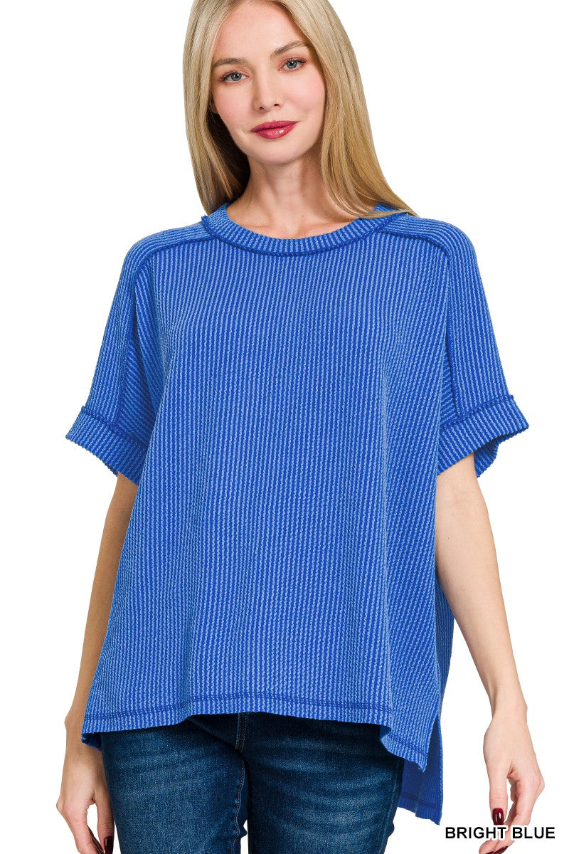 Zenana Corded Rib Cuff Sleeve Raw Edge Top
