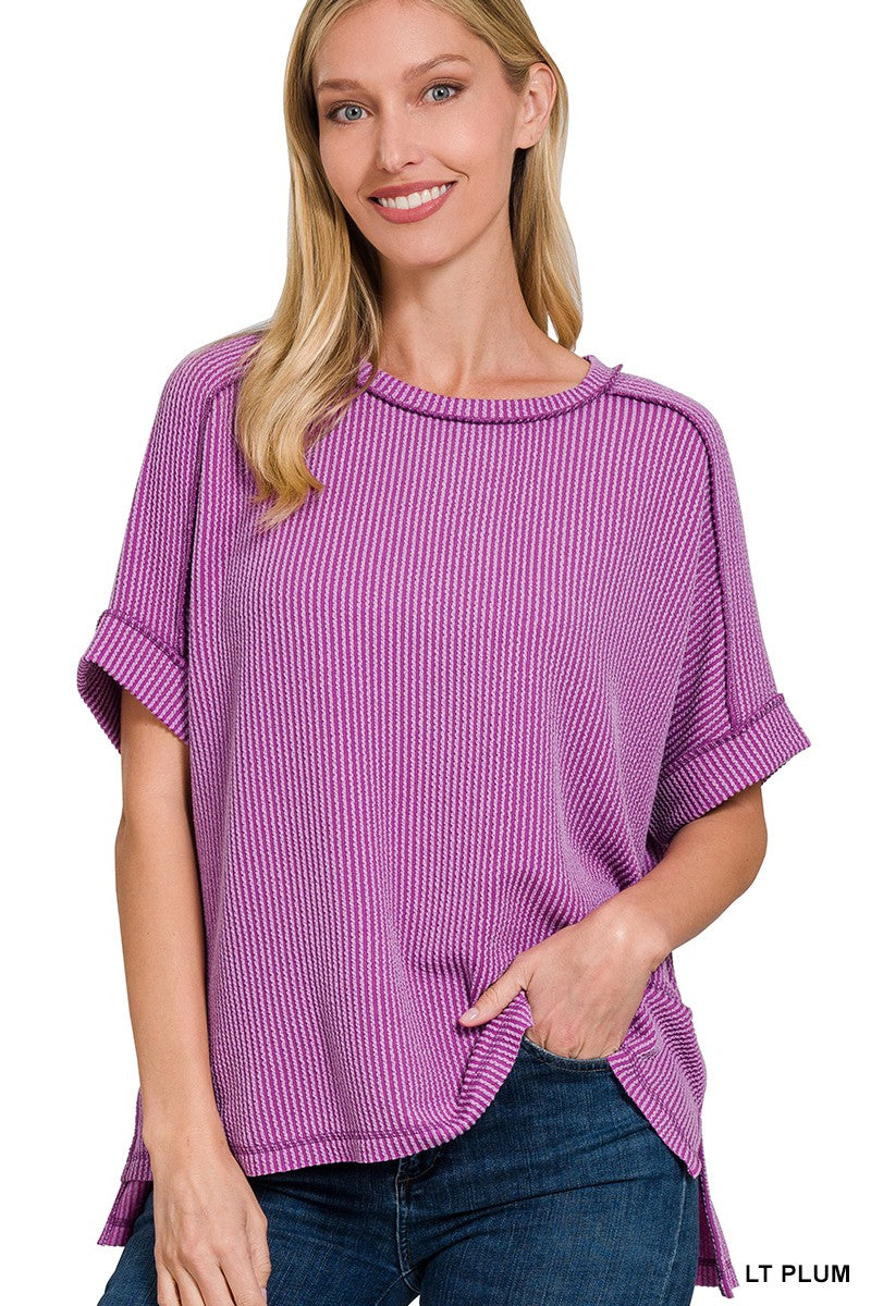 Zenana Corded Rib Cuff Sleeve Raw Edge Top