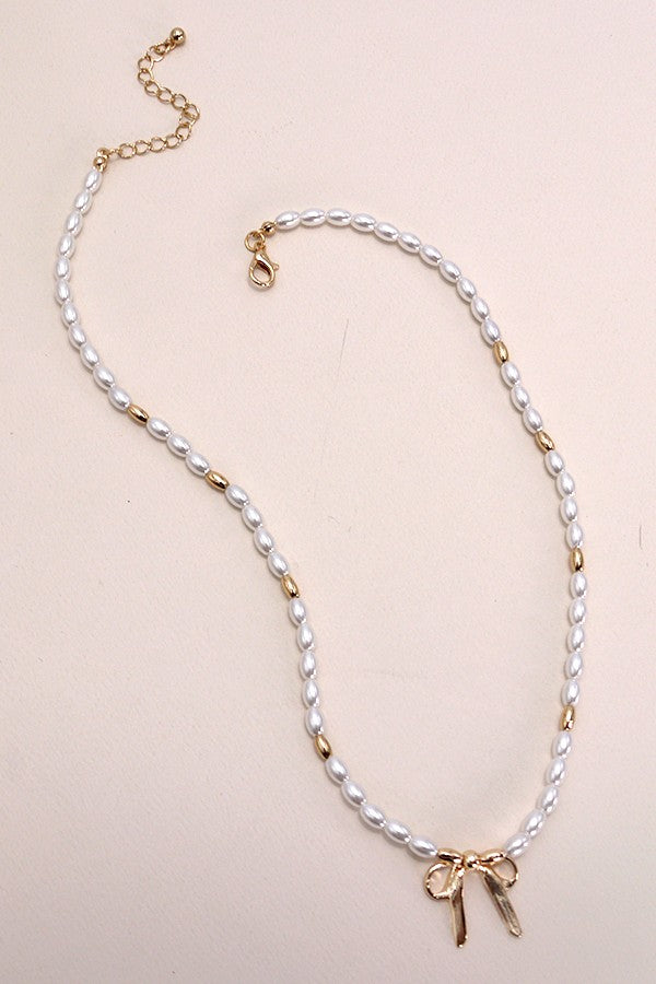Bow Ribbon Pearl Gold Mix Chain Necklace