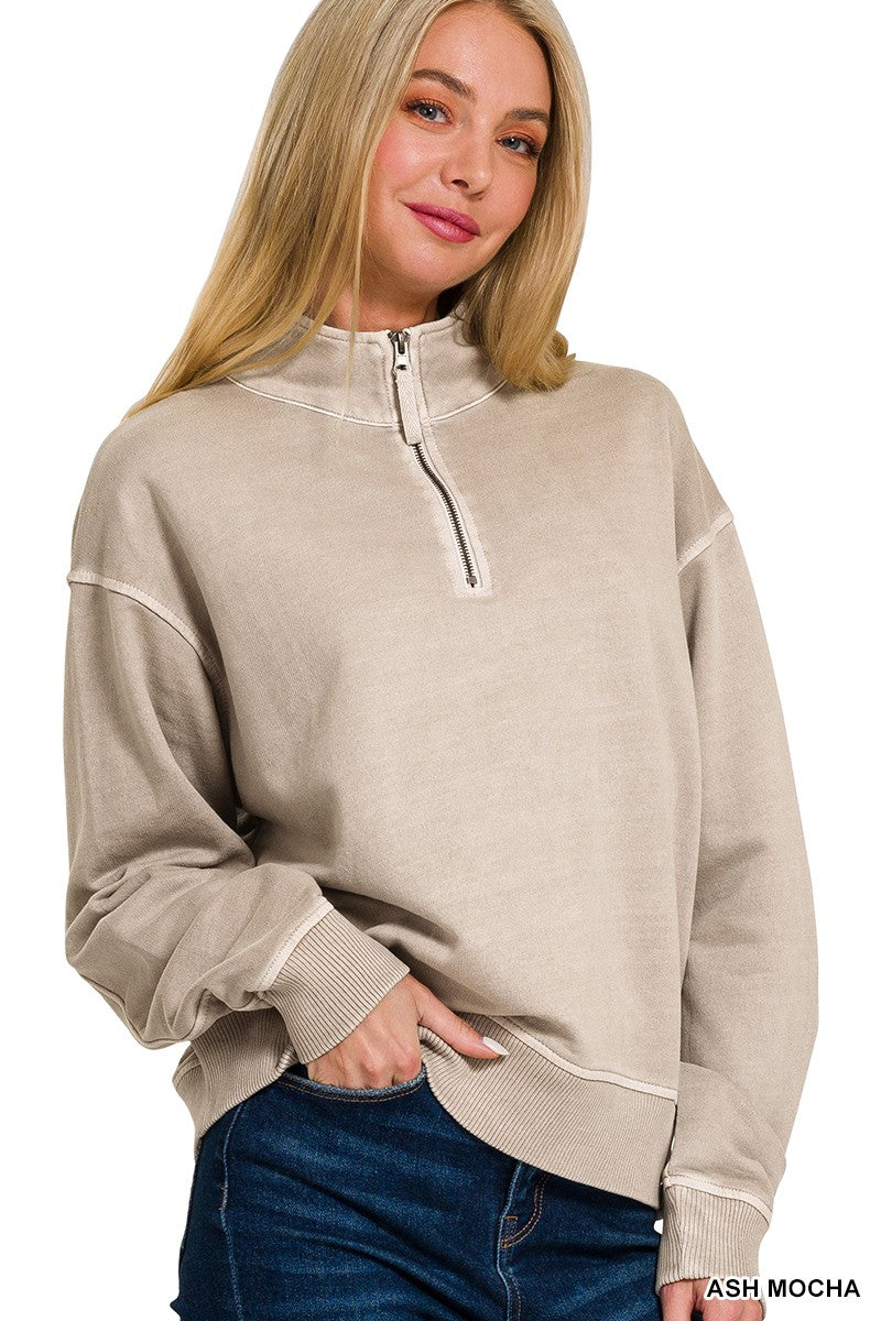 Zenana Half Zip Pigment Dye Waist Pullover
