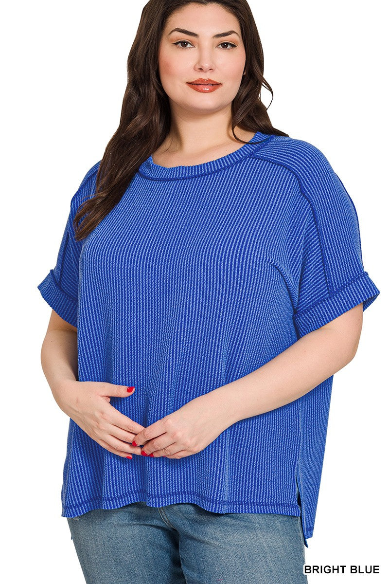 Zenana Plus Corded Rib Cuff Sleeve Raw Edge Top