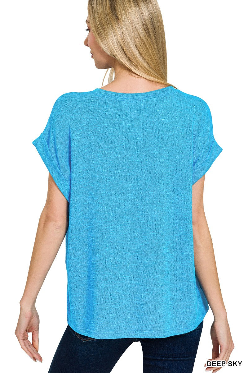 Zenana Hacci Rolled Sleeve Top