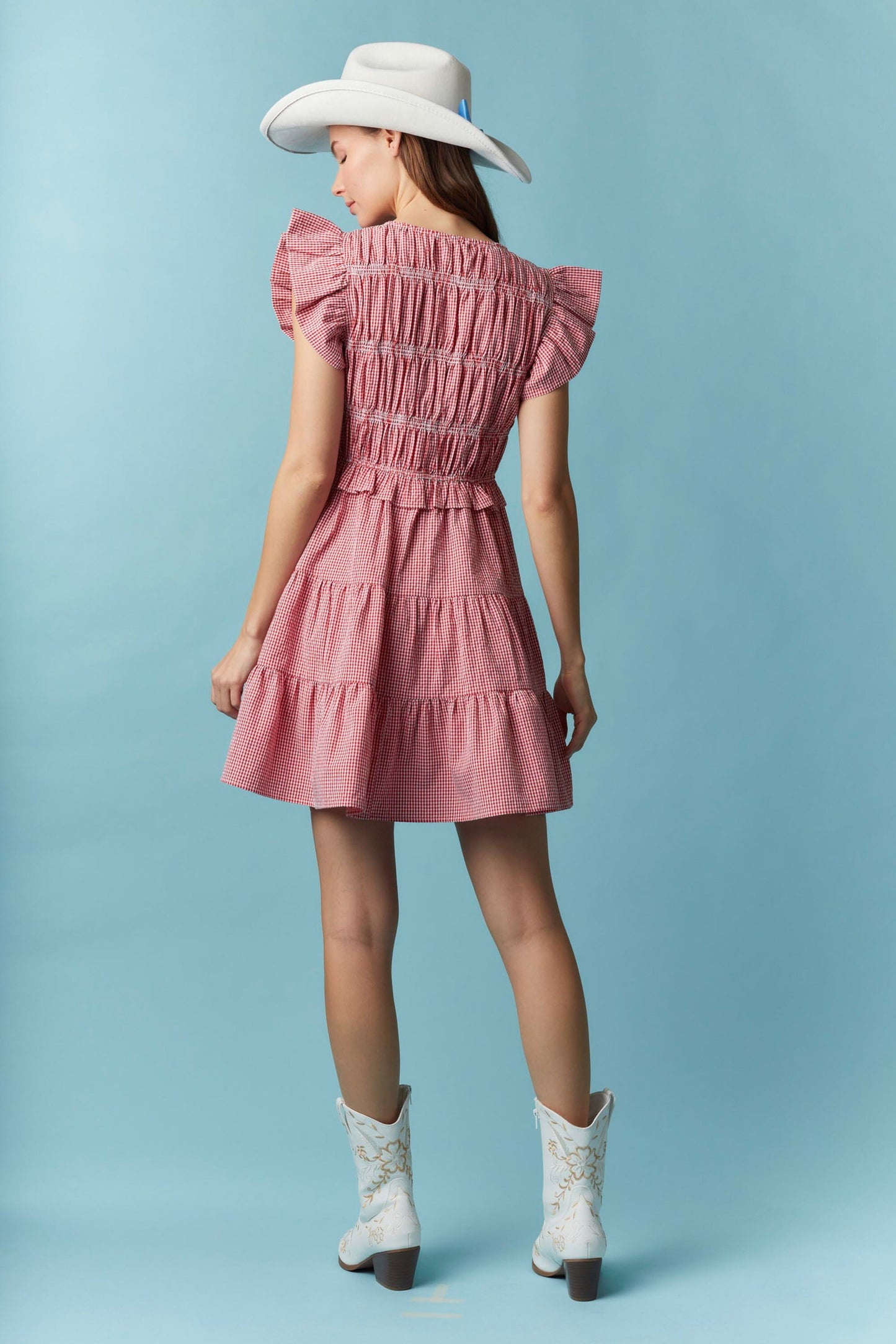 Gingham Ruffle Lace Trim Short Dress