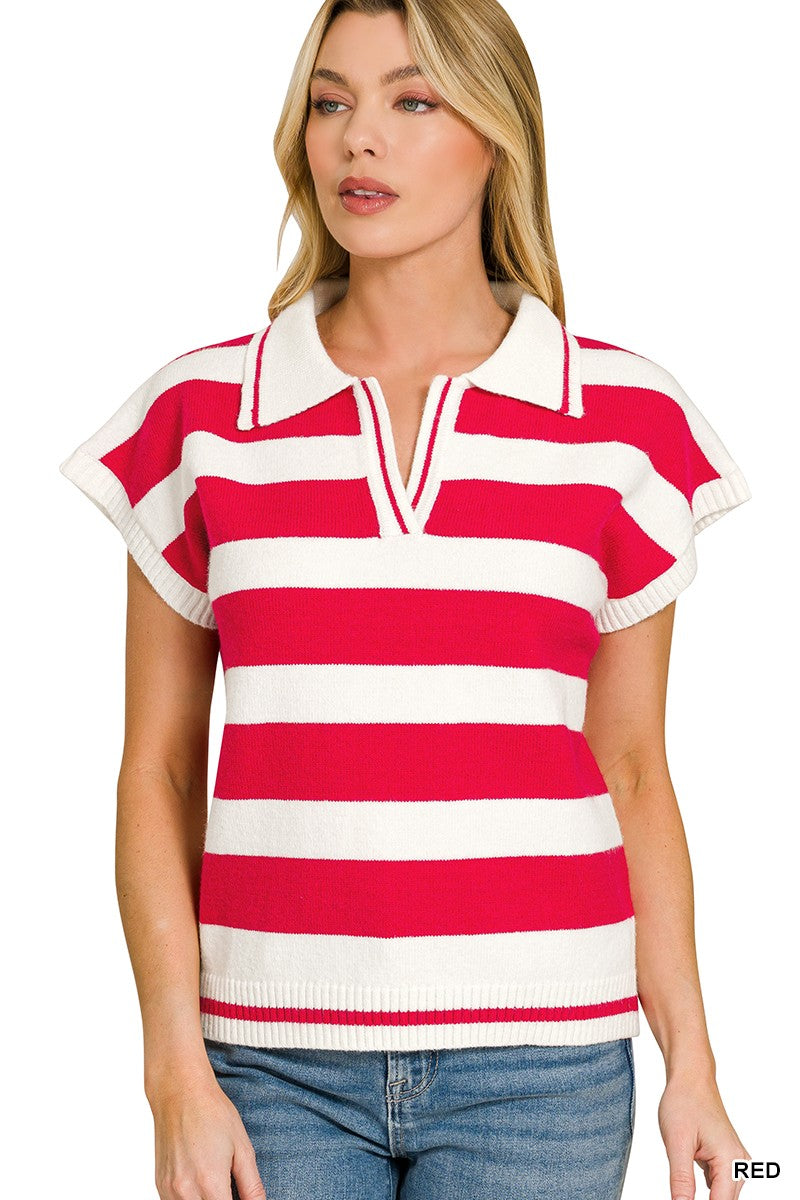 Zenana Striped Collared Sweater