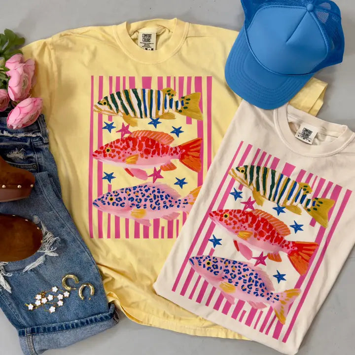 Butter Yellow Colorful Fish Graphic Tee