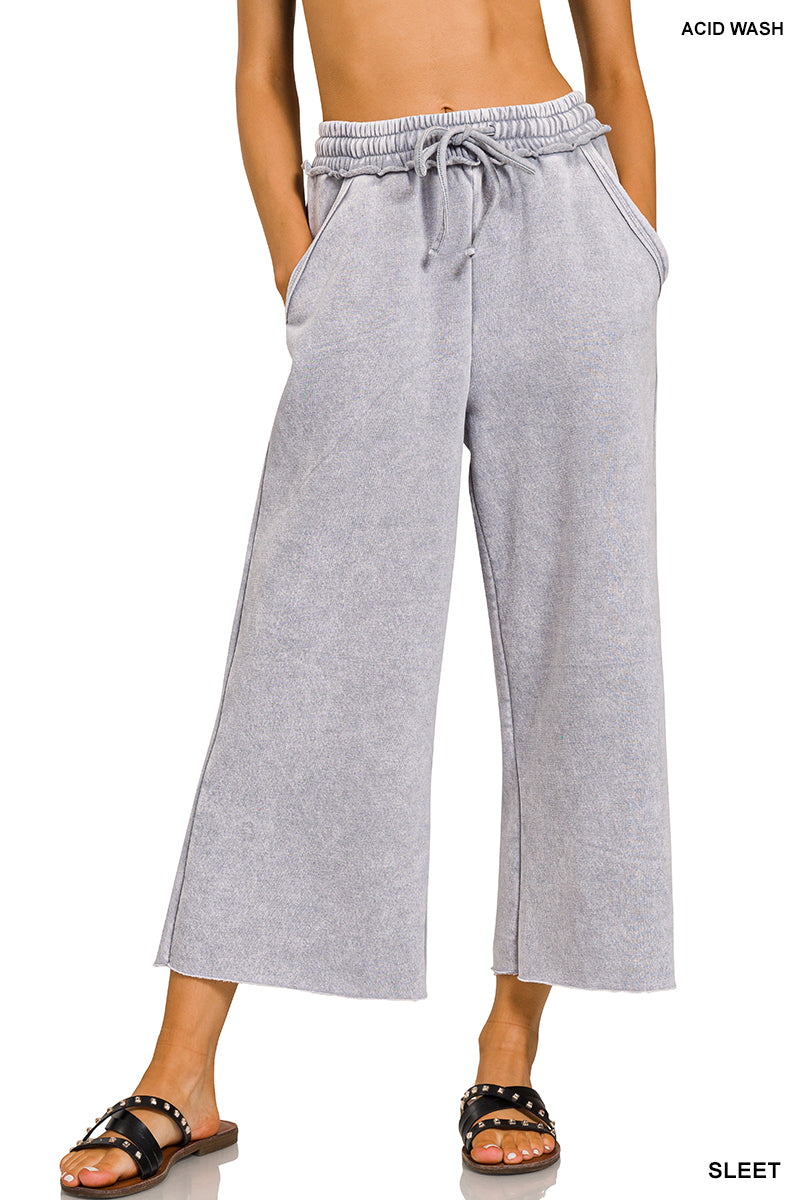Zenana Acid Wash Fleece Palazzo Cropped Sweatpants