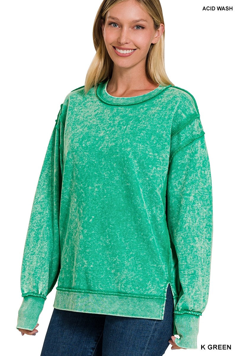 Zenana Acid Wash French Terry Exposed Seam Sweatshirt