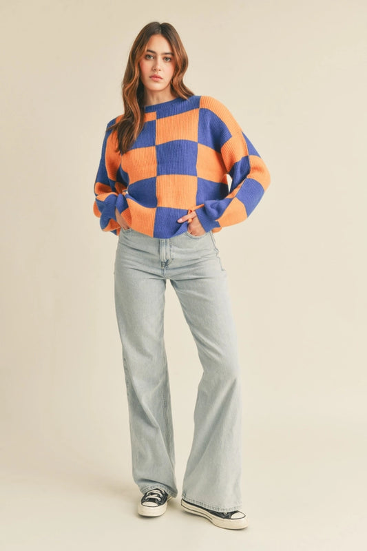 Oversized Checkered Long Sleeve Sweater Top