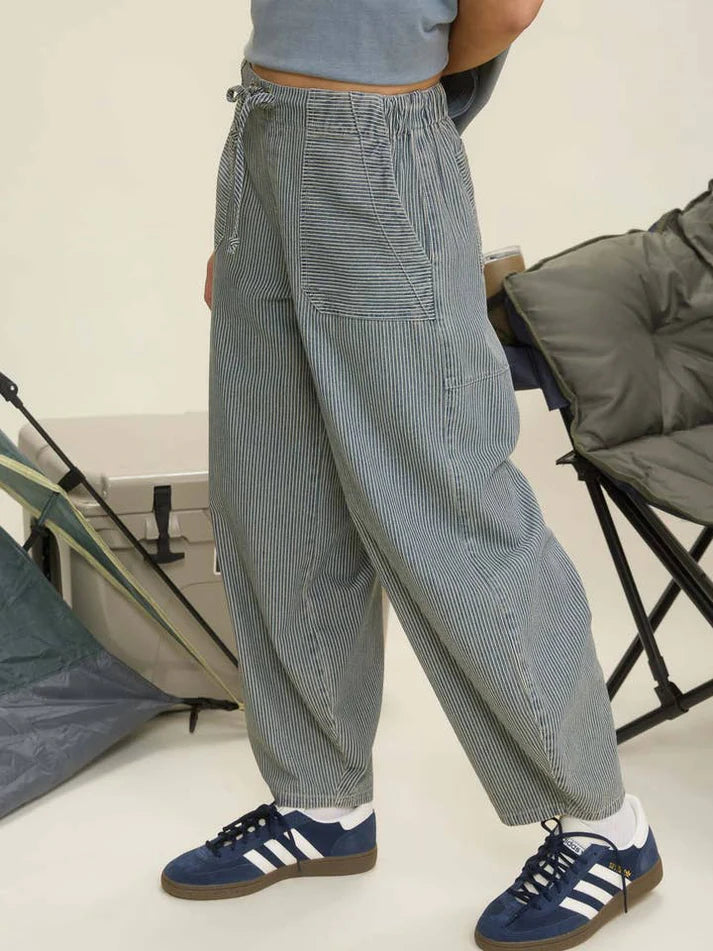 Stripe Denim Waist Tie Denim Bottoms