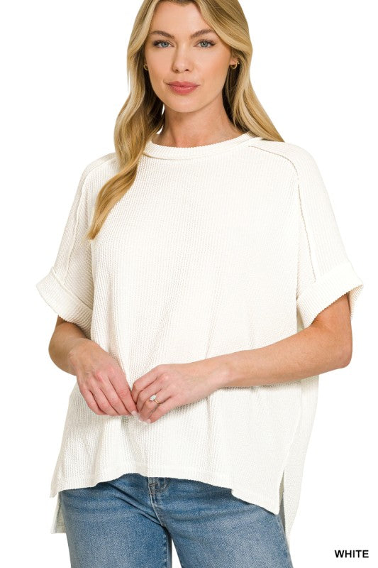 Zenana Corded Rib Cuff Sleeve Raw Edge Top