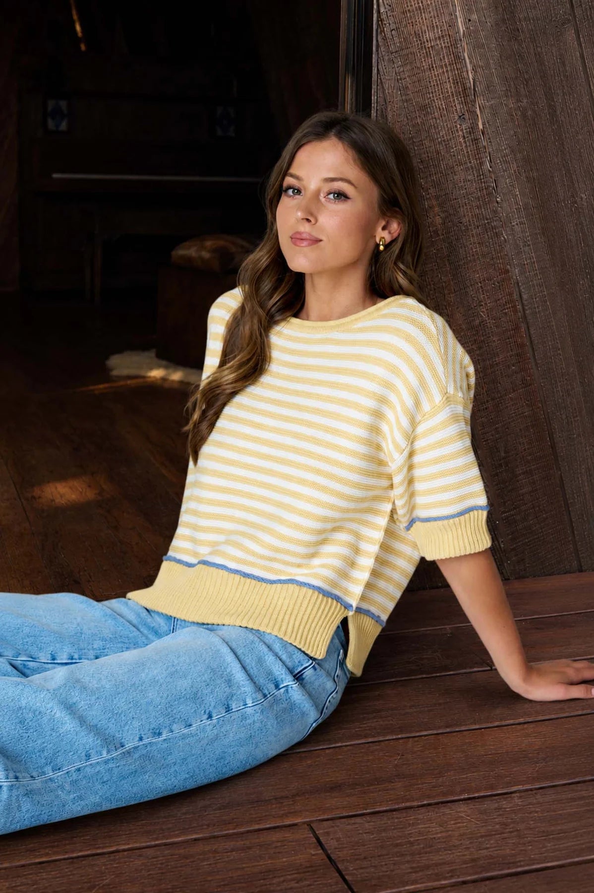 Stripe Blue Detail Raw Edge Sweater