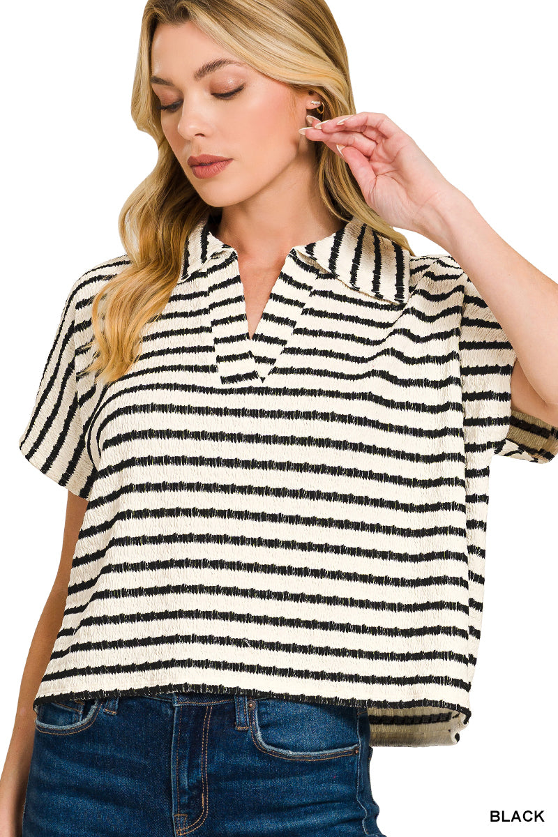 Zenana Striped Split Neck Collared Top