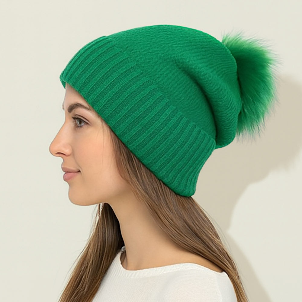 Detachable Fur Pom Pom Knit Winter Beanie Hat