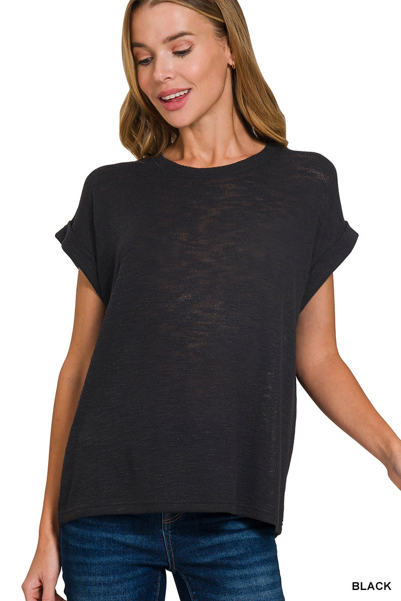 Zenana Hacci Rolled Sleeve Top