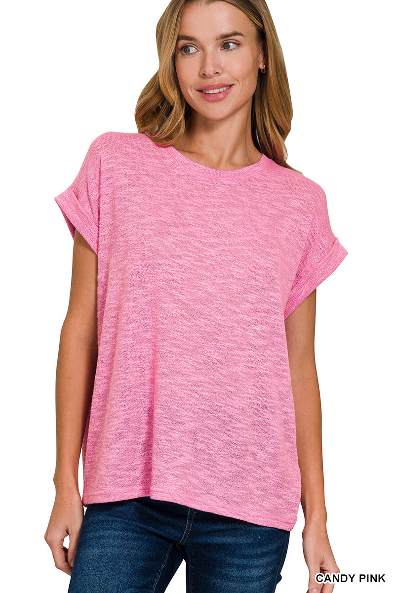 Zenana Hacci Rolled Sleeve Top