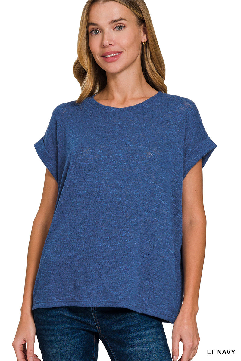 Zenana Hacci Rolled Sleeve Top