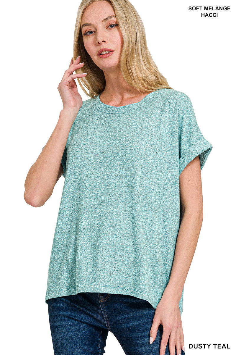 Zenana SOFT MELANGE HACCI SHORT SLEEVE ROUND NECK TOP