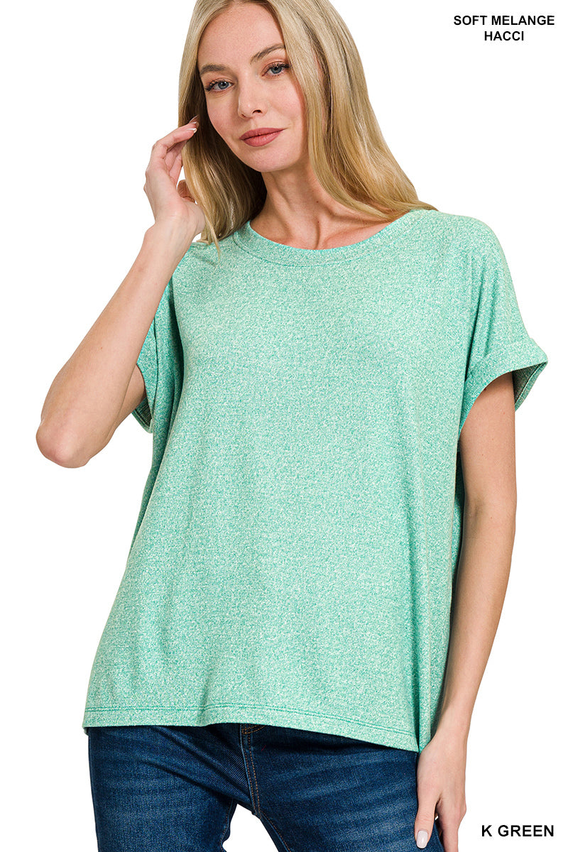 Zenana SOFT MELANGE HACCI SHORT SLEEVE ROUND NECK TOP