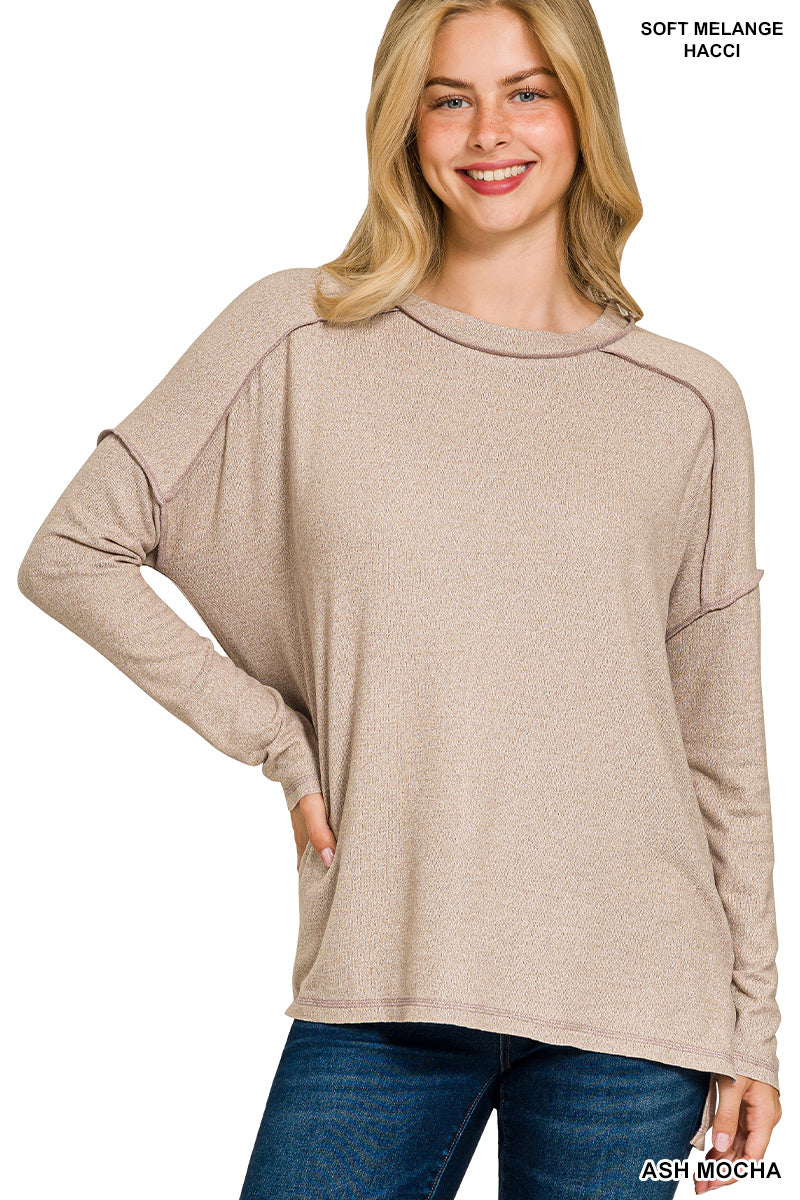 Zenana Melange Hacci Exposed Seam Hi-Low Long Sleeve Top