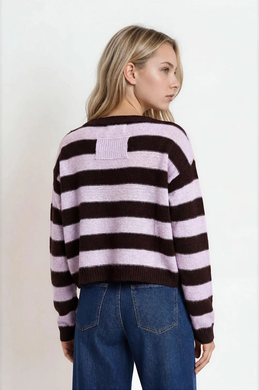 Stripe Exposed Seam Long Sleeve Cropped Sweater