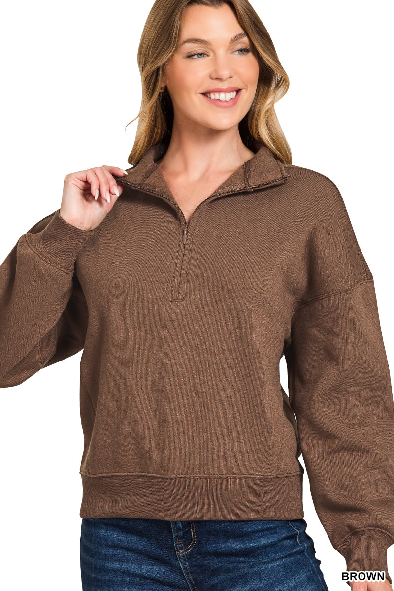 Zenana Fleece High Neck Half Zip Sweatshirt Top