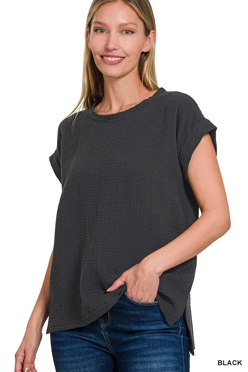 Double Gauze Round Neck Folded Short Sleeve Top