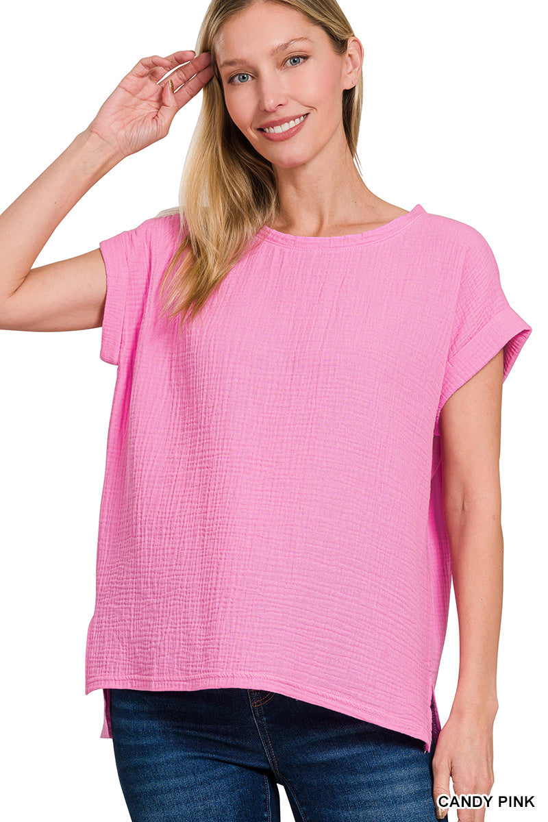 Double Gauze Round Neck Folded Short Sleeve Top