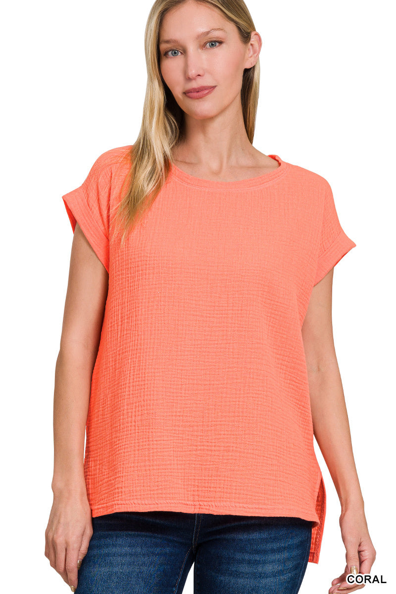 Double Gauze Round Neck Folded Short Sleeve Top