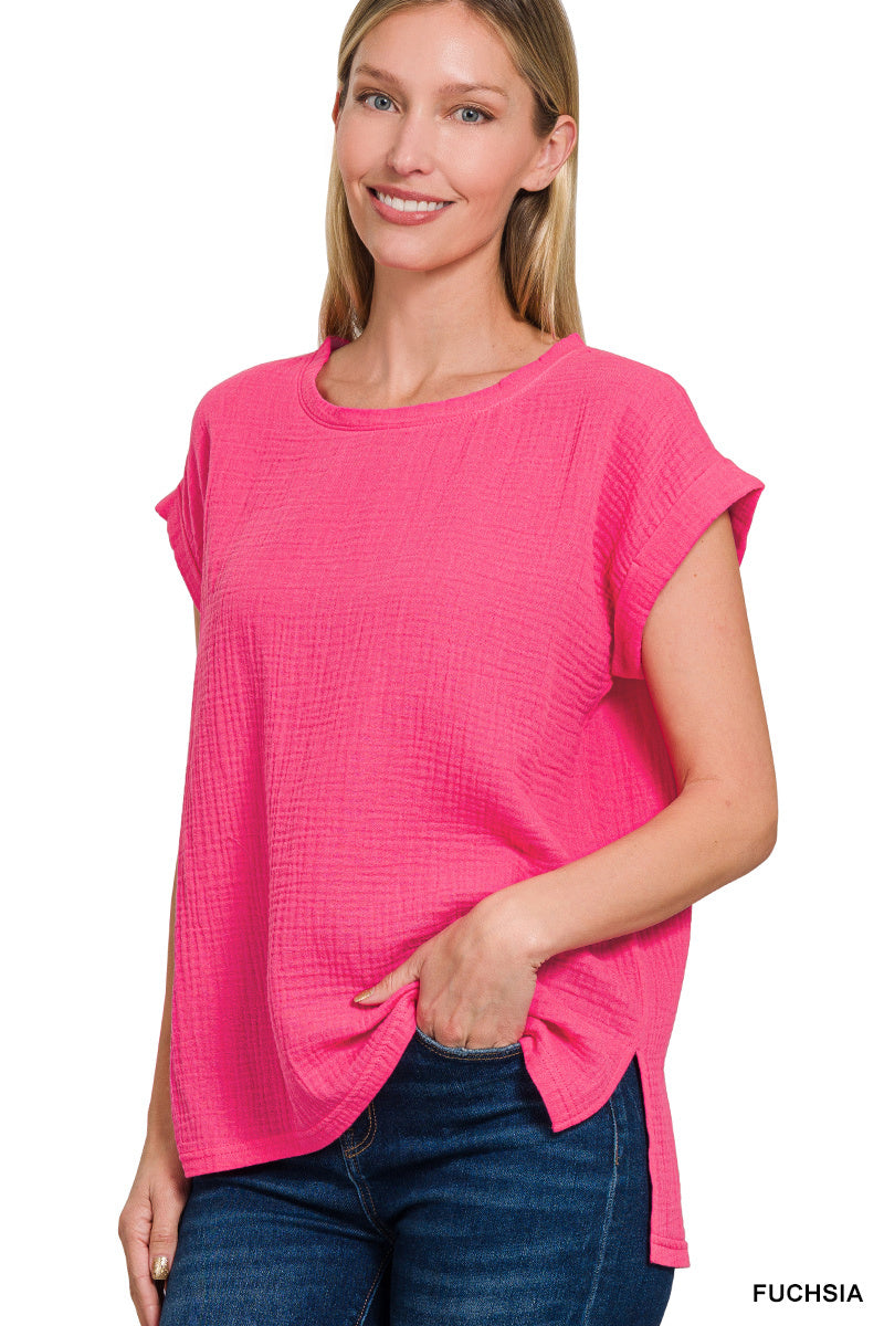 Double Gauze Round Neck Folded Short Sleeve Top