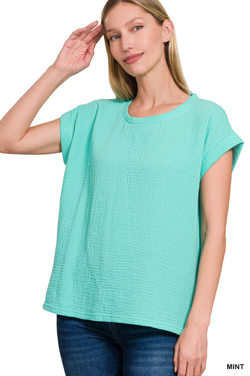 Double Gauze Round Neck Folded Short Sleeve Top