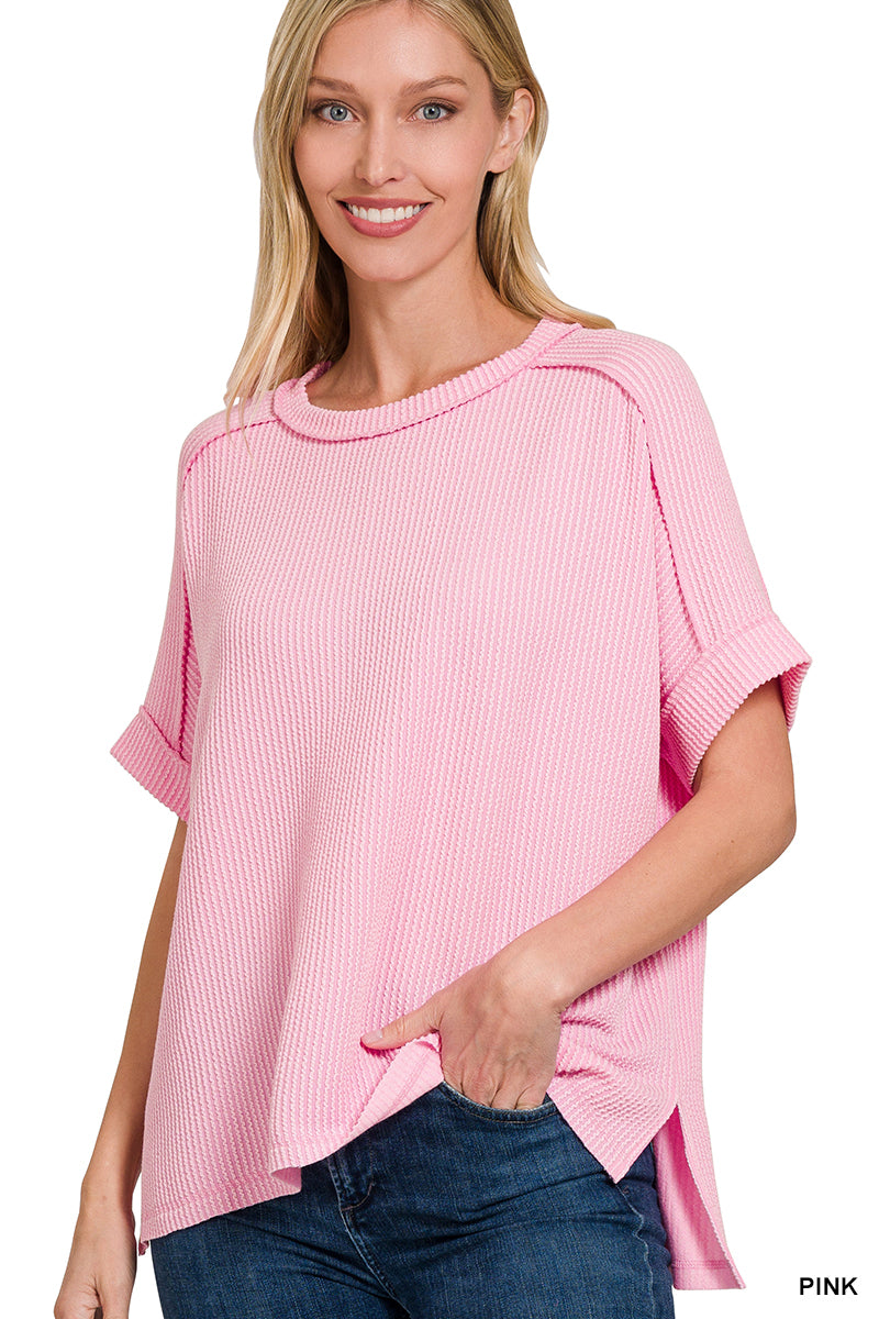 Zenana Corded Rib Cuff Sleeve Raw Edge Top