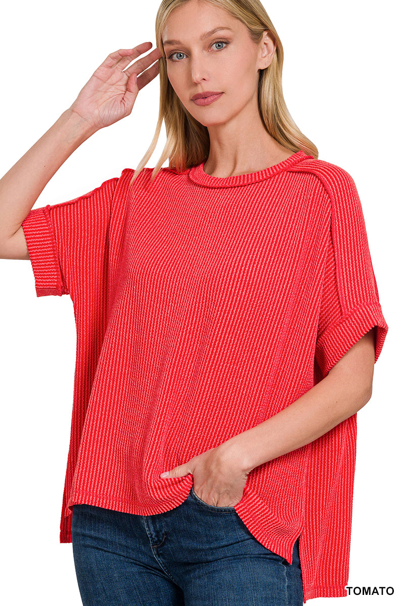 Zenana Corded Rib Cuff Sleeve Raw Edge Top