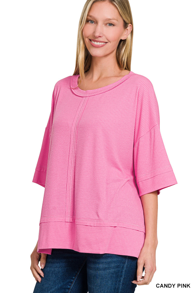 Zenana Ribbed Boat Neck 3/4 Sleeve Top