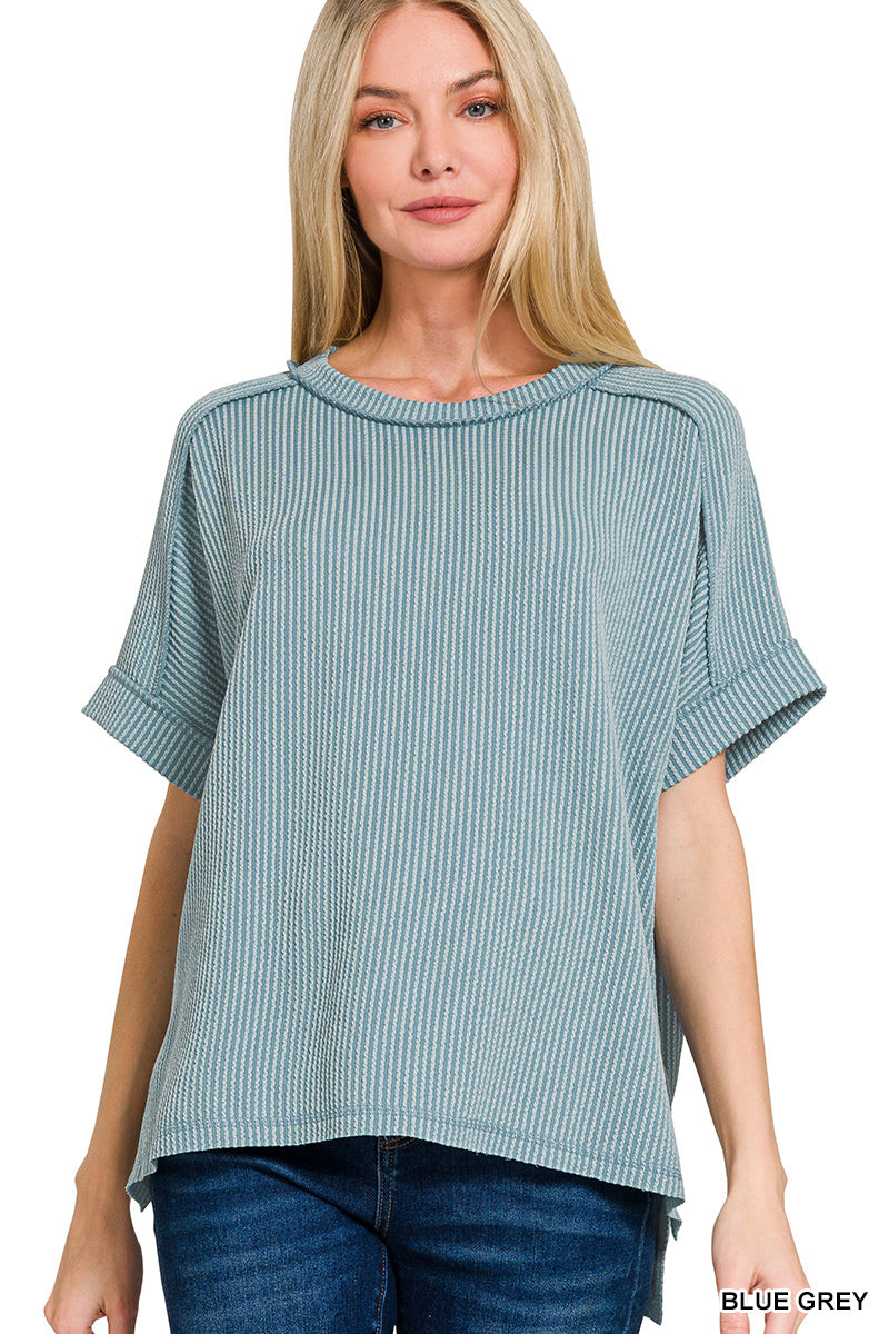Zenana Corded Rib Cuff Sleeve Raw Edge Top