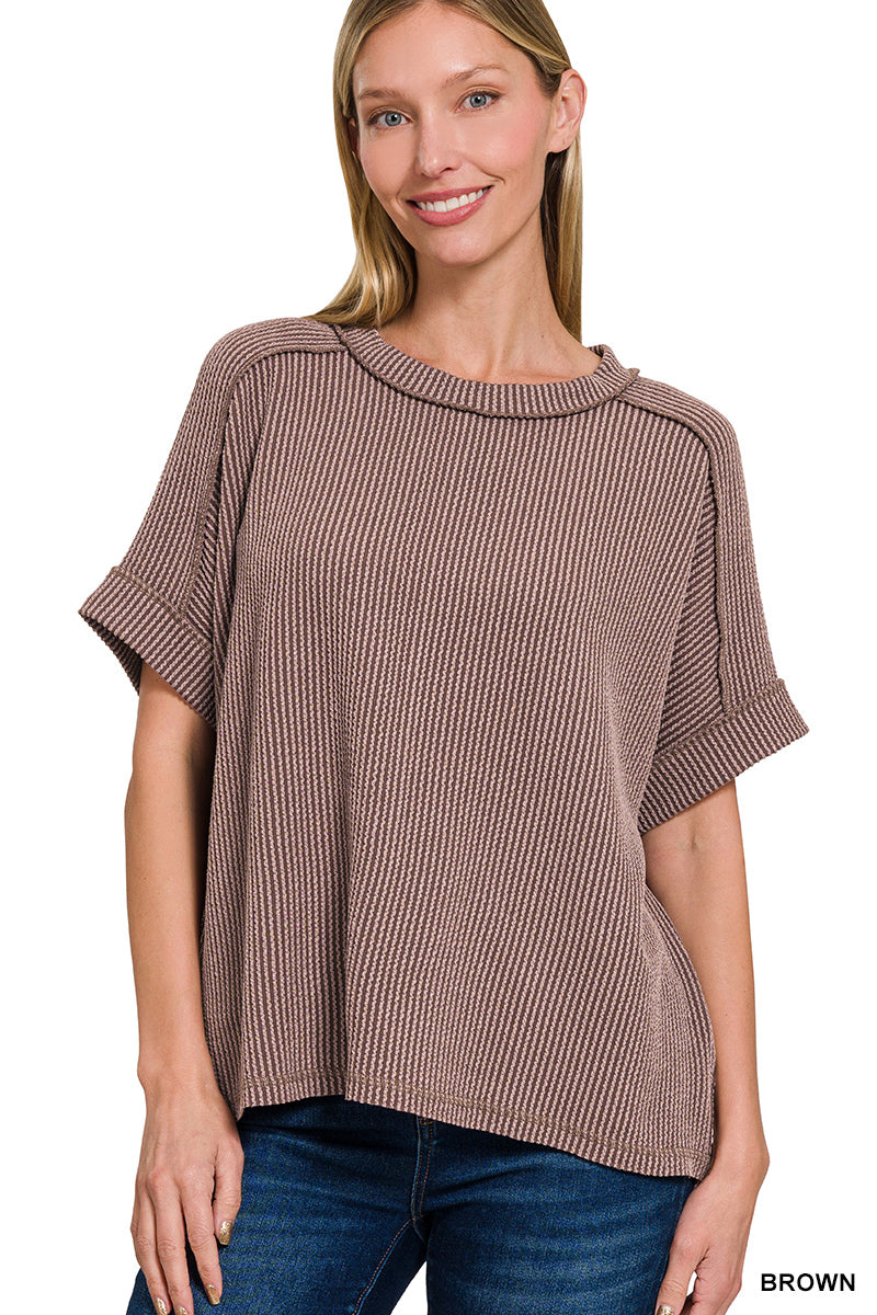 Zenana Corded Rib Cuff Sleeve Raw Edge Top