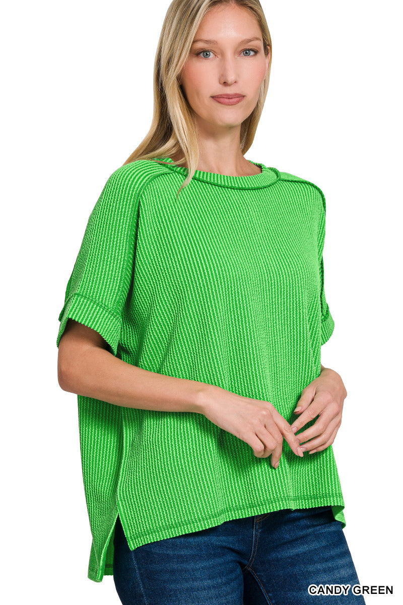 Zenana Corded Rib Cuff Sleeve Raw Edge Top