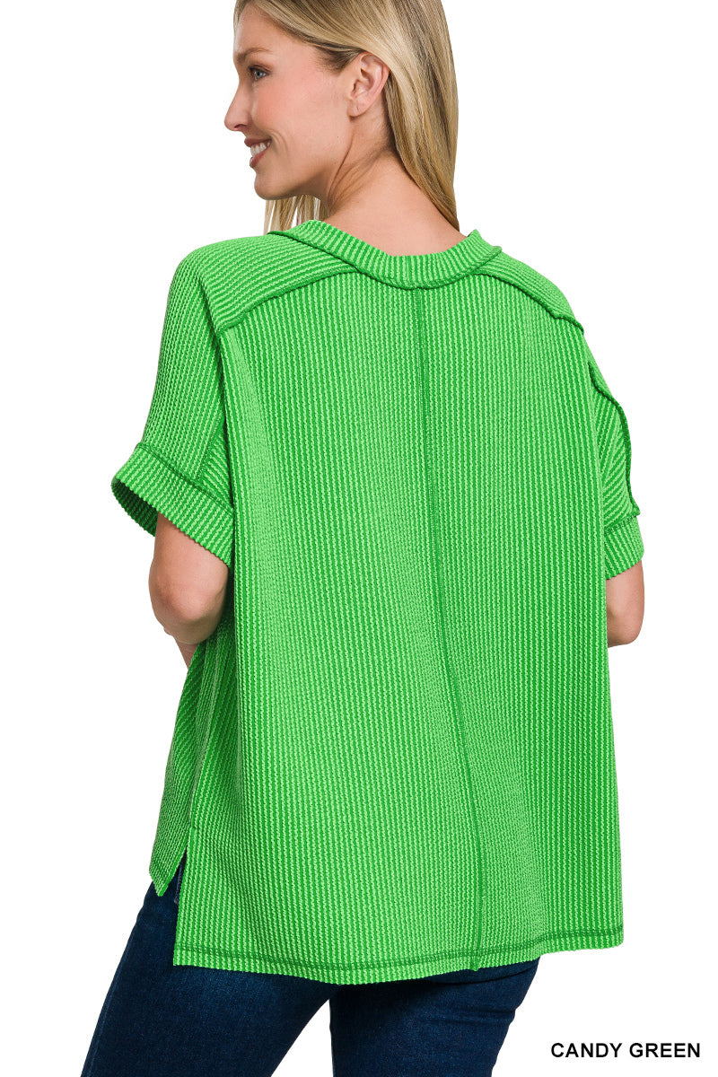 Zenana Corded Rib Cuff Sleeve Raw Edge Top