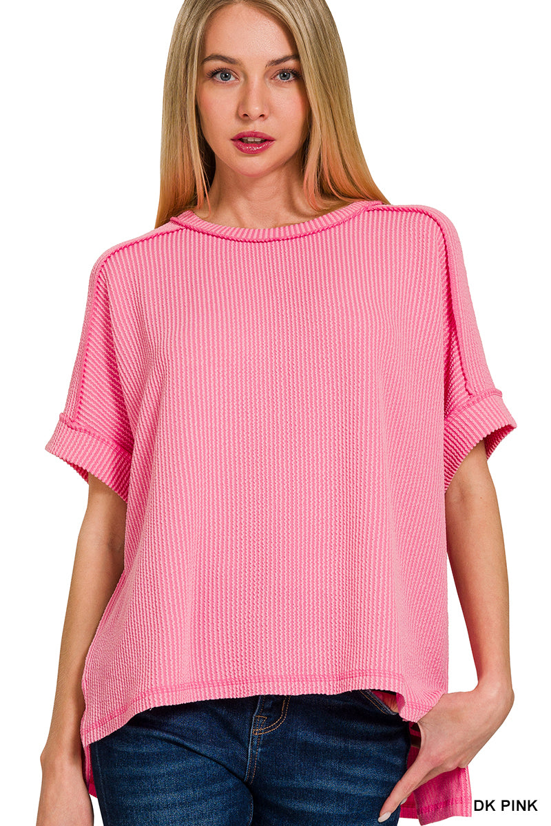 Zenana Corded Rib Cuff Sleeve Raw Edge Top
