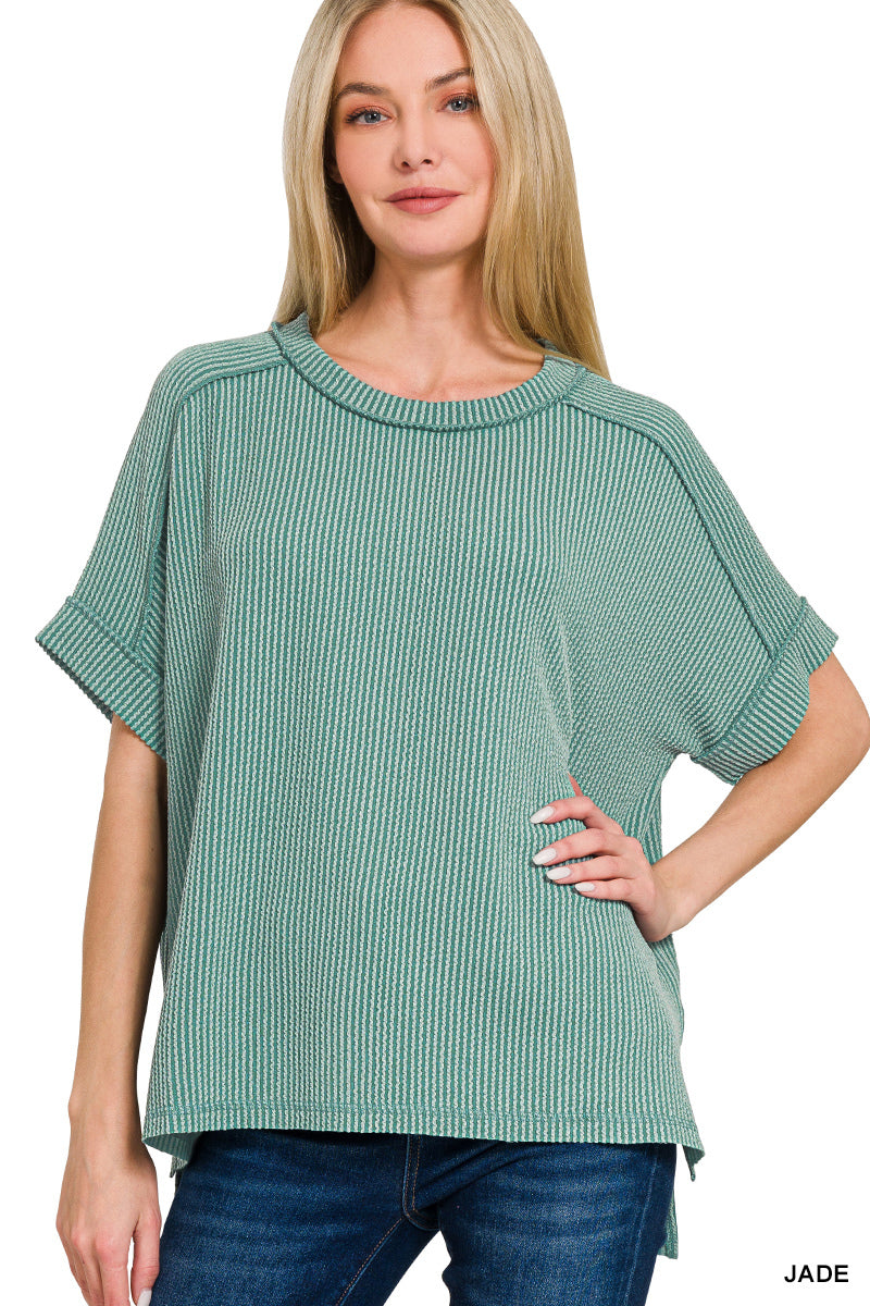 Zenana Corded Rib Cuff Sleeve Raw Edge Top