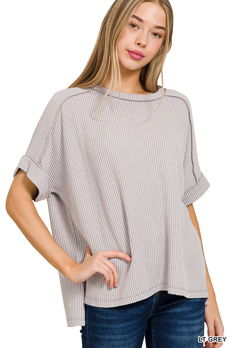 Zenana Corded Rib Cuff Sleeve Raw Edge Top